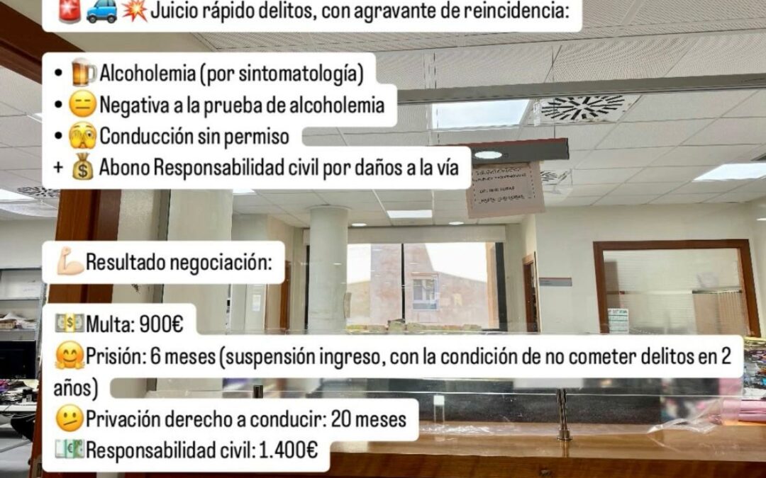 Juicio rápido delitos alcoholemia (por sintomatología), negativa a la realización de la prueba de alcoholemia y conducción sin permiso, con agravante de reincidencia